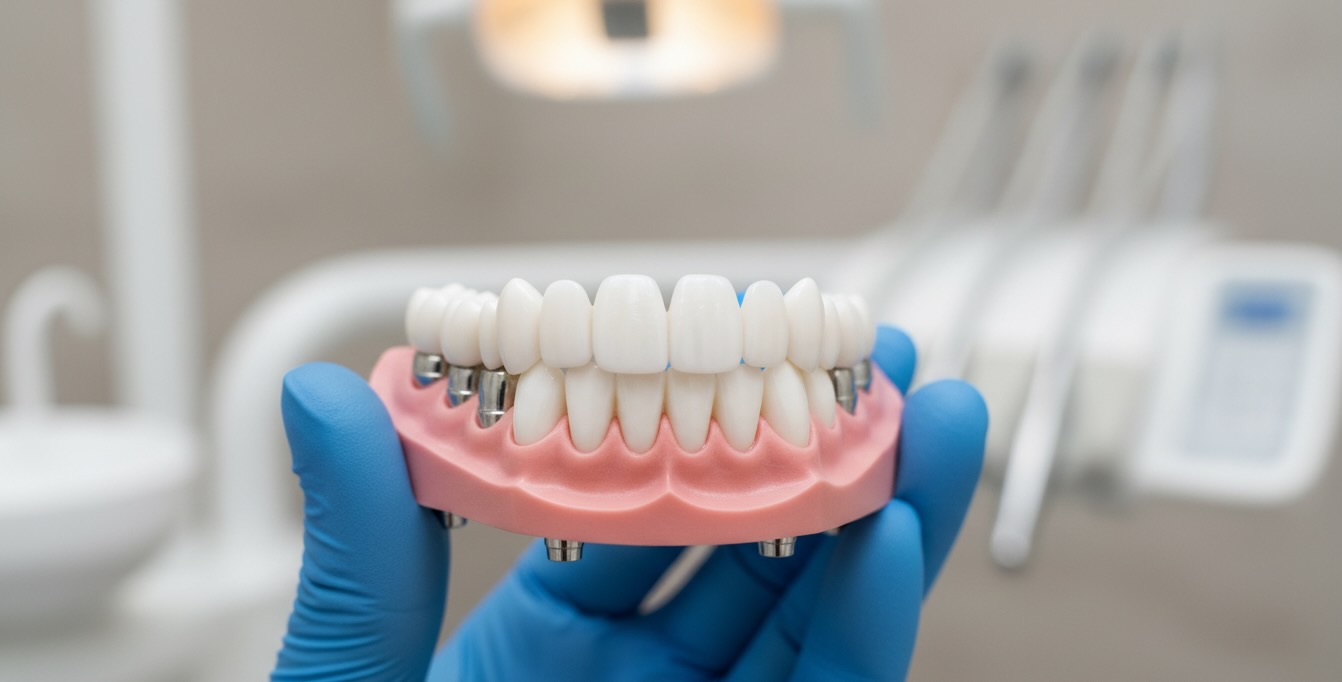 Стоматолог демонстрирует готовый протез на имплантах
