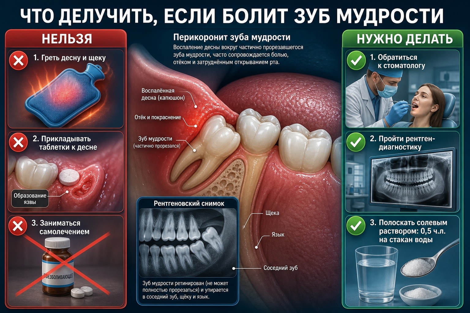 Действия при острой боли зуба мудрости