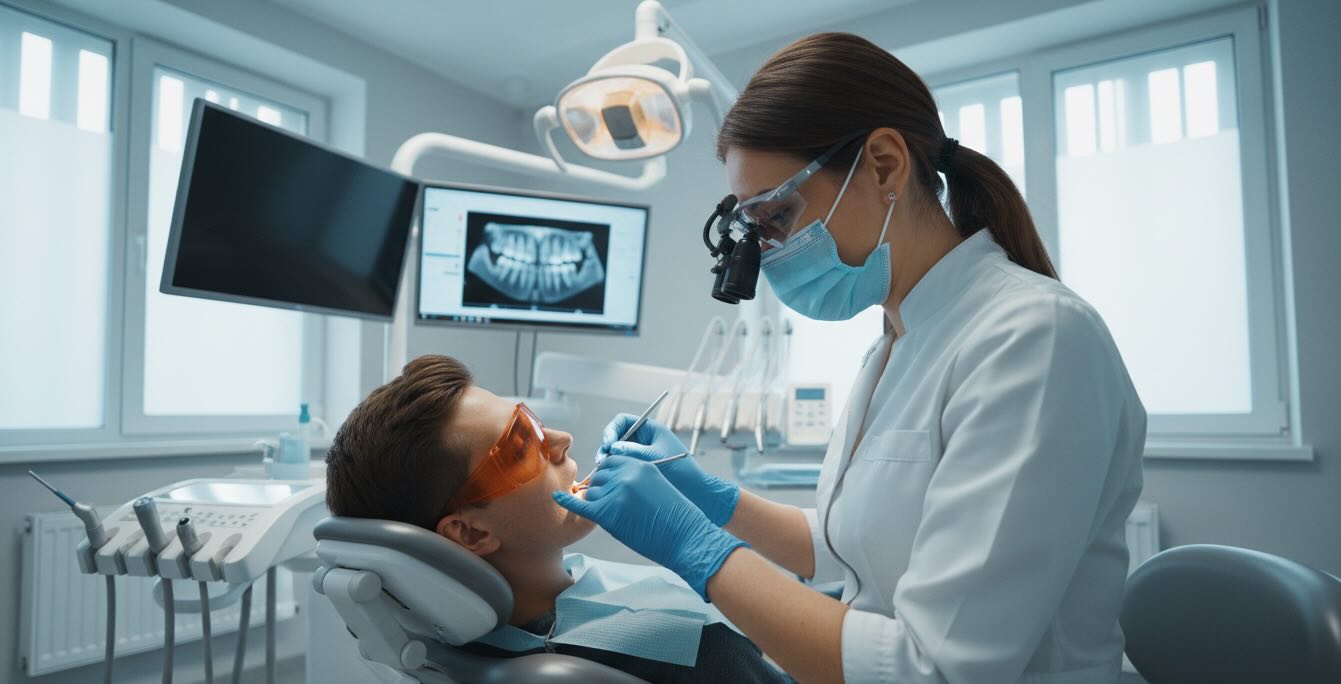 Стоматолог проводит лечение и профилактику кариеса в современной клинике